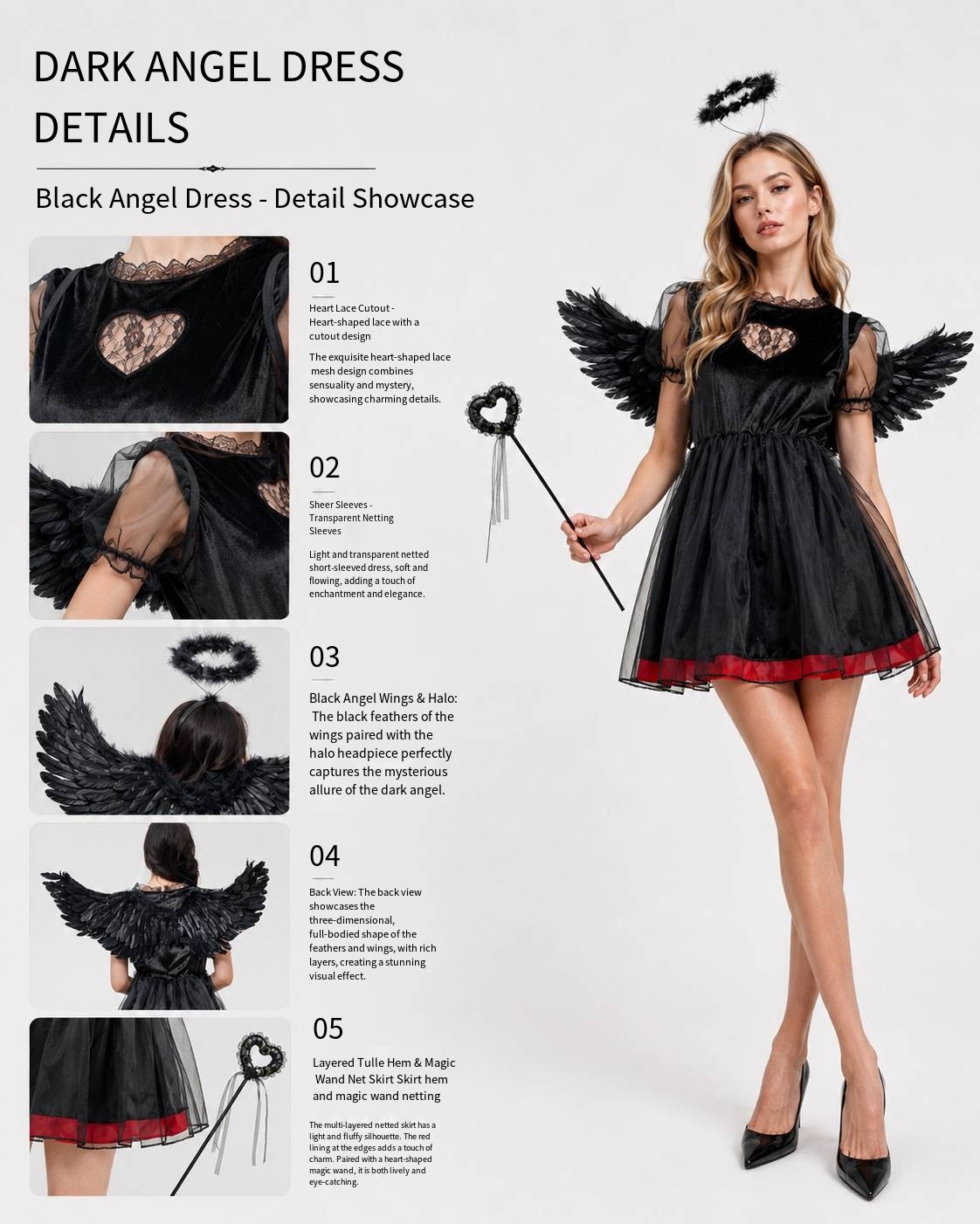 Angel & Devil Halloween Costume Heart Cutout Mesh Short Sleeve Tulle Mini Dress